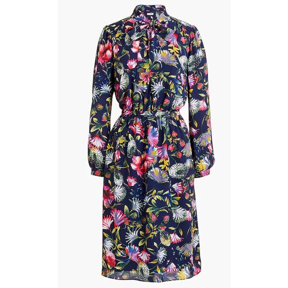 J.Crew Navy Blue Tropical Floral Tie Neck Long Sleeve Dress - Picture 1 of 9